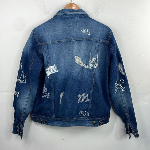 WAIMEA Men's Distressed Graphic Denim Jeans Jacket size Small - Picture 6 of 13